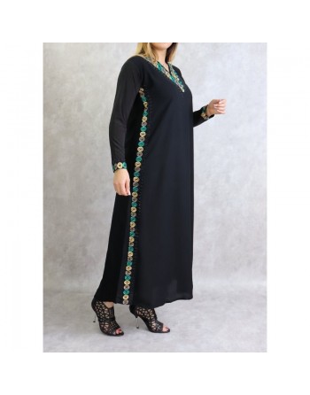 Abaya noire moderne de Dubaï satinée avec broderies et écharpe assortie (Vêtement oriental pudique pour femme) 