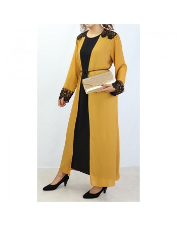 Robe kimono intégré de couleur Noir et Moutarde 