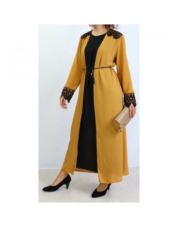 Robe kimono intégré de couleur Noir et Moutarde 