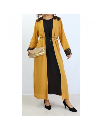 Robe kimono intégré de couleur Noir et Moutarde 