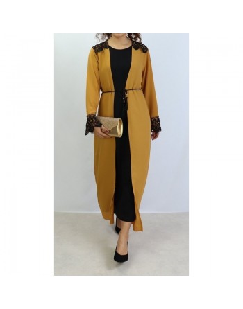 Robe kimono intégré de couleur Noir et Moutarde 