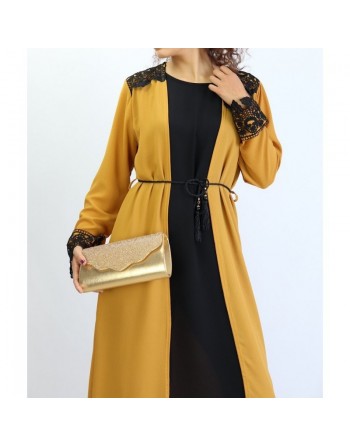Robe kimono intégré de couleur Noir et Moutarde 