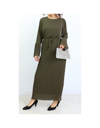 Robe longue fluide bas plissé pour femme - Couleur Vert Kaki 
