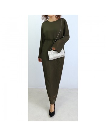 Robe longue fluide bas plissé pour femme - Couleur Vert Kaki 