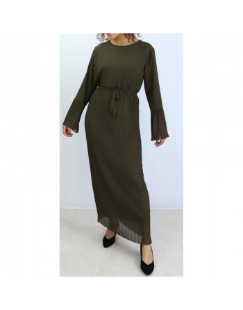 Robe longue fluide bas plissé pour femme - Couleur Vert Kaki 