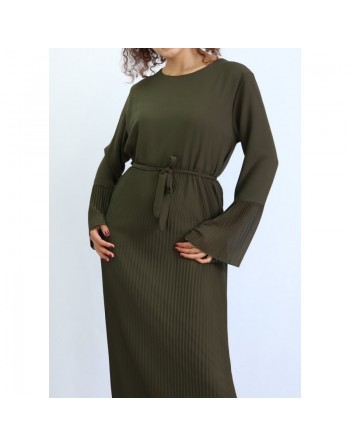 Robe longue fluide bas plissé pour femme - Couleur Vert Kaki 