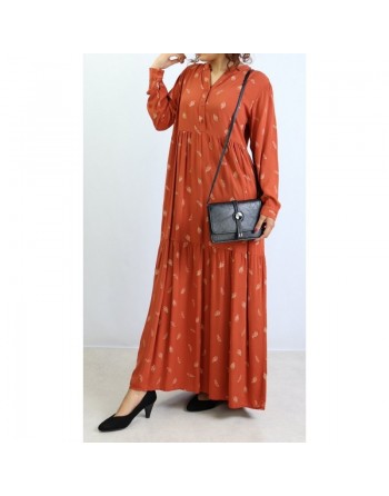 Robe longue ample à motifs plumes - Couleur rouge brique 