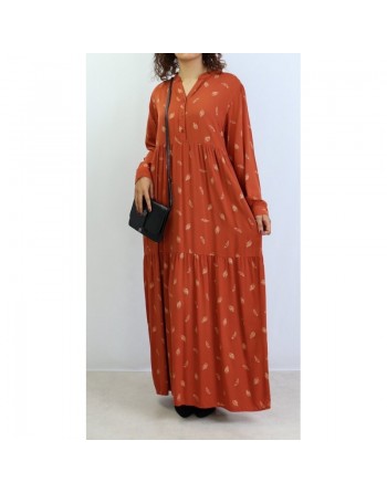 Robe longue ample à motifs plumes - Couleur rouge brique 