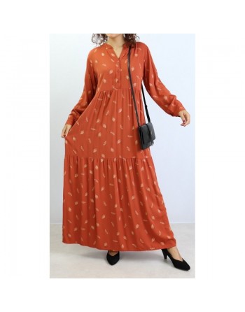 Robe longue ample à motifs plumes - Couleur rouge brique 