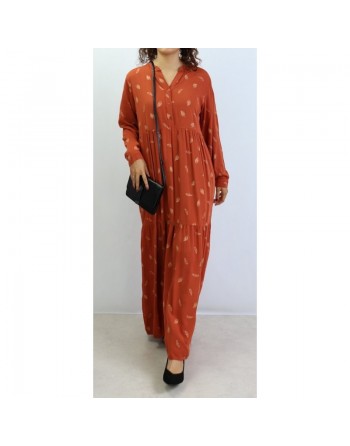 Robe longue ample à motifs plumes - Couleur rouge brique 