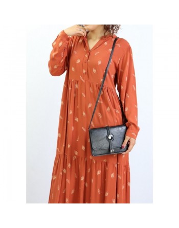 Robe longue ample à motifs plumes - Couleur rouge brique 