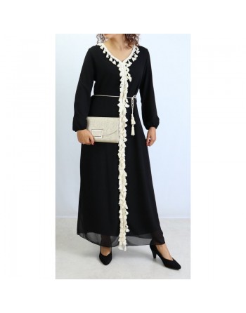 Robe longue fluide ornée de broderies avec ceinture pour femme - Couleur Noir 