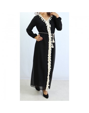 Robe longue fluide ornée de broderies avec ceinture pour femme - Couleur Noir 