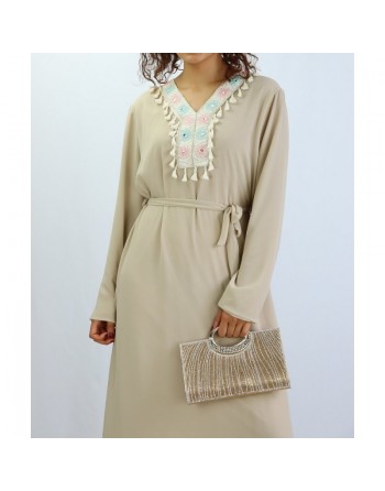 Robe longue avec broderies et pompons - Couleur Beige 
