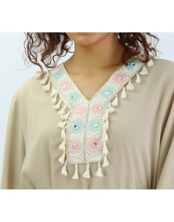 Robe longue avec broderies et pompons - Couleur Beige 