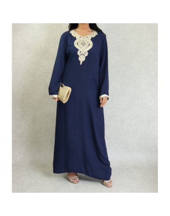 Robe style arabe longue avec borderie traditionnelle pour femme - Couleur Bleu marine 