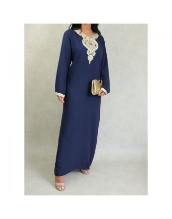Robe style arabe longue avec borderie traditionnelle pour femme - Couleur Bleu marine 