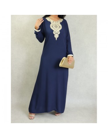 Robe style arabe longue avec borderie traditionnelle pour femme - Couleur Bleu marine 