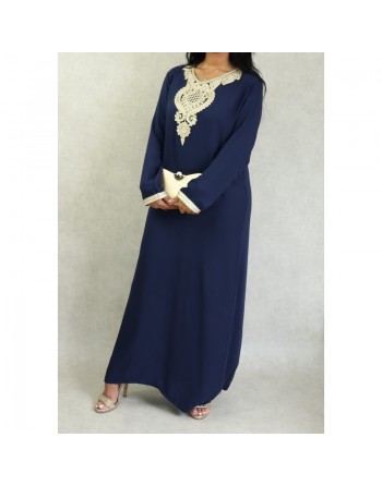 Robe style arabe longue avec borderie traditionnelle pour femme - Couleur Bleu marine 