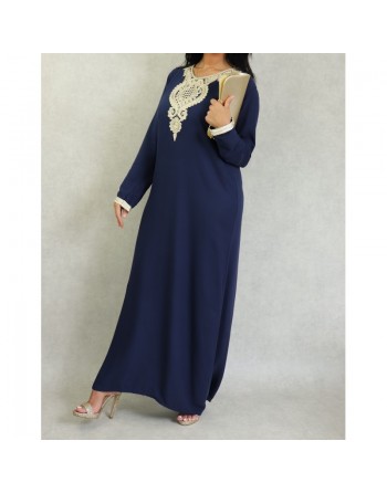 Robe style arabe longue avec borderie traditionnelle pour femme - Couleur Bleu marine 