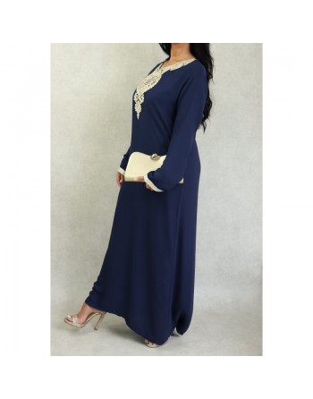 Robe style arabe longue avec borderie traditionnelle pour femme - Couleur Bleu marine 
