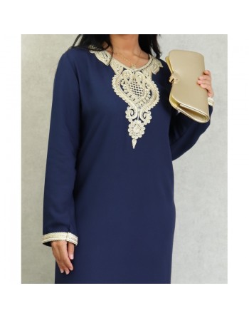 Robe style arabe longue avec borderie traditionnelle pour femme - Couleur Bleu marine 