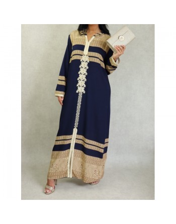 Robe arabe longue à capuche avec broderie et strass pour femme - Couleur Bleu marine 