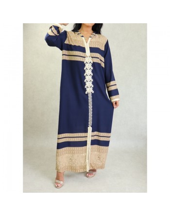 Robe arabe longue à capuche avec broderie et strass pour femme - Couleur Bleu marine 