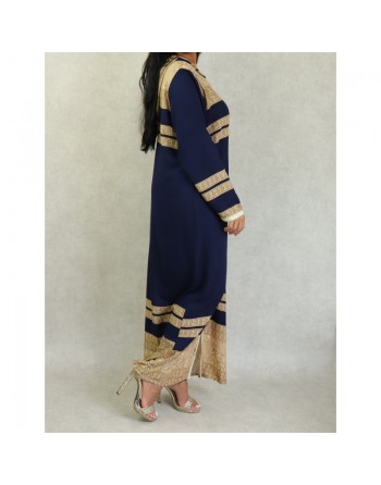 Robe arabe longue à capuche avec broderie et strass pour femme - Couleur Bleu marine 