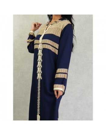 Robe arabe longue à capuche avec broderie et strass pour femme - Couleur Bleu marine 