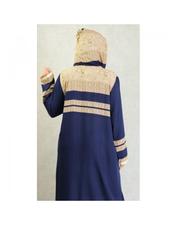 Robe arabe longue à capuche avec broderie et strass pour femme - Couleur Bleu marine 
