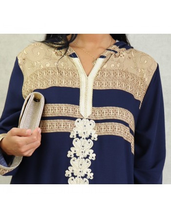 Robe arabe longue à capuche avec broderie et strass pour femme - Couleur Bleu marine 