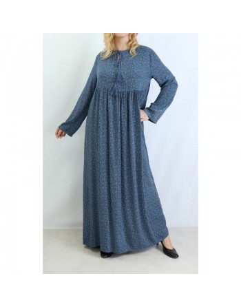 Robe longue viscose fluide et ample avec imprimé fleuri - Couleur Bleu acier 