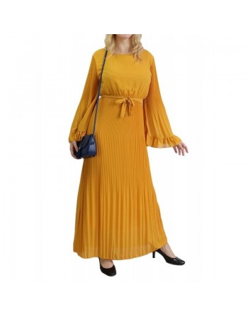 Robe longue plissée avec manches évasées - Taille Standard - Couleur Jaune moutarde 