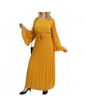 Robe longue plissée avec manches évasées - Taille Standard - Couleur Jaune moutarde 