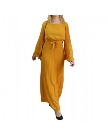 Robe longue plissée avec manches évasées - Taille Standard - Couleur Jaune moutarde 