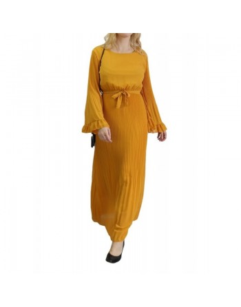 Robe longue plissée avec manches évasées - Taille Standard - Couleur Jaune moutarde 