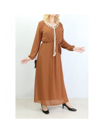 Robe maxi-longue fluide avec cordons à pompons pour femme - Couleur marron clair 