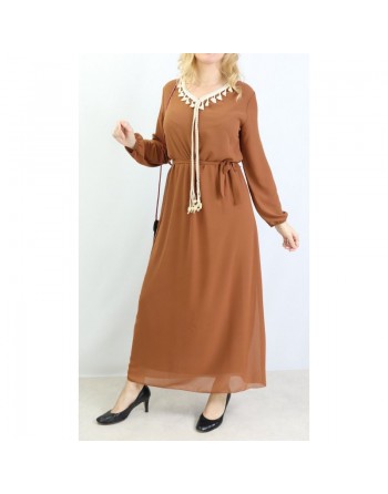 Robe maxi-longue fluide avec cordons à pompons pour femme - Couleur marron clair 