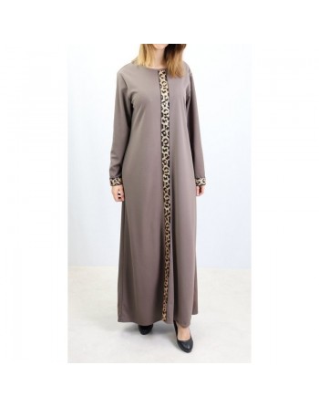 Robe maxi longue pour femme avec strass devant et sur les manches - Marque Amelis - Couleur taupe 