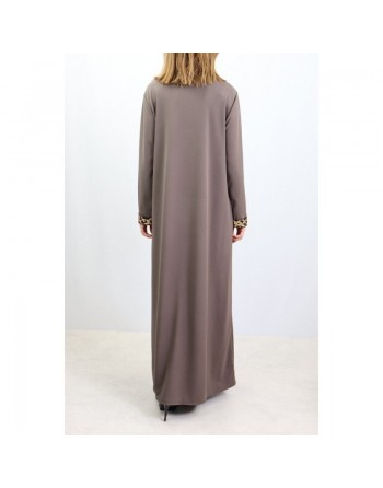 Robe maxi longue pour femme avec strass devant et sur les manches - Marque Amelis - Couleur taupe 
