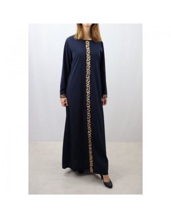 Robe maxi-longue avec strass devant et sur les manches - Marque Amelis - Couleur Bleu marine 
