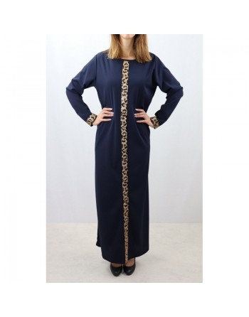 Robe maxi-longue avec strass devant et sur les manches - Marque Amelis - Couleur Bleu marine 