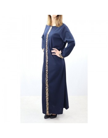 Robe maxi-longue avec strass devant et sur les manches - Marque Amelis - Couleur Bleu marine 
