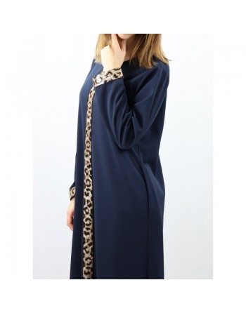 Robe maxi-longue avec strass devant et sur les manches - Marque Amelis - Couleur Bleu marine 