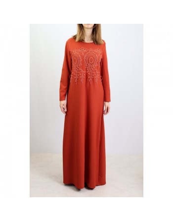 Robe avec broderie en dentelle, ceinture et poches - Couleur Rouille 