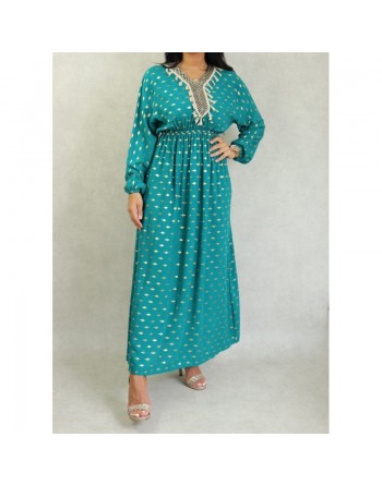 Robe fluide avec motifs dorés broderies et pompons pour femme - Couleur Vert émeraude 