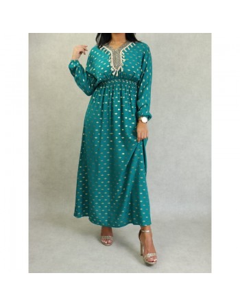 Robe fluide avec motifs dorés broderies et pompons pour femme - Couleur Vert émeraude 