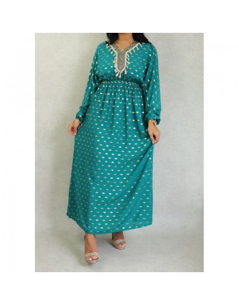 Robe fluide avec motifs dorés broderies et pompons pour femme - Couleur Vert émeraude 