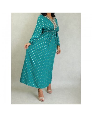 Robe fluide avec motifs dorés broderies et pompons pour femme - Couleur Vert émeraude 